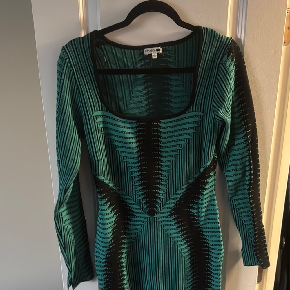 Teal and Black Long Sleeve Dress